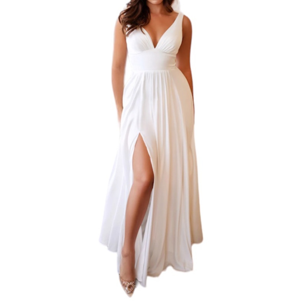 Vnaix White Beach Halter V Neck Lined Lace Up Chiffon High Slit Wedding Dress